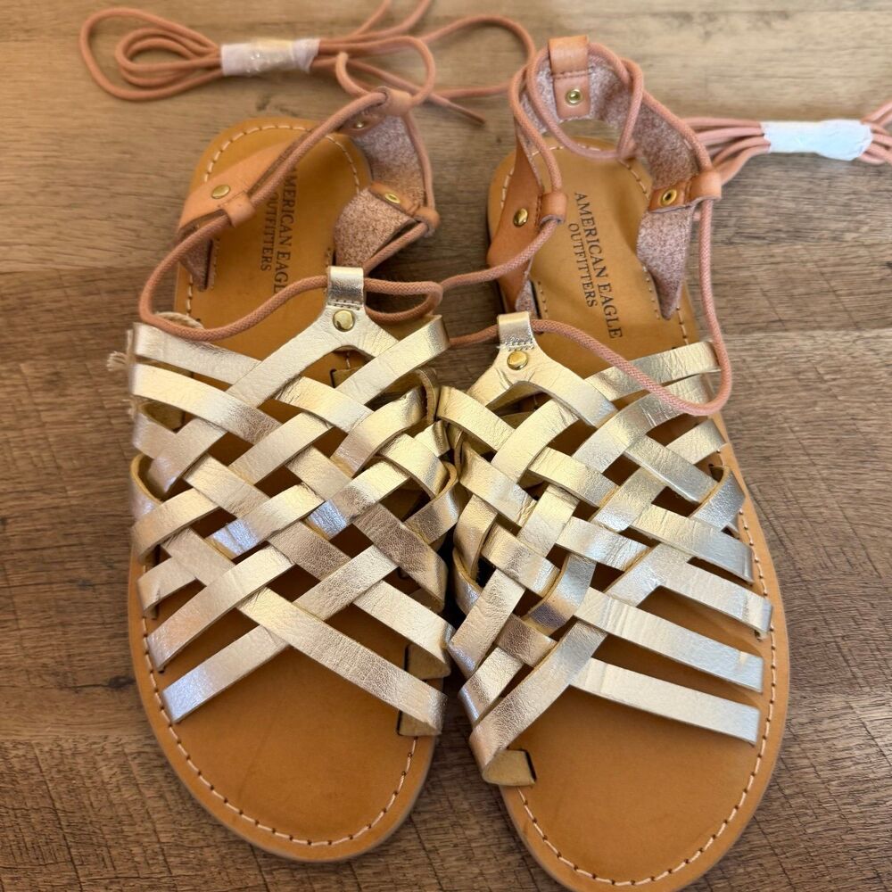 NWT American Eagle Sandals Size 6 Gold Gladiator Lace Up Flats womens shoes
